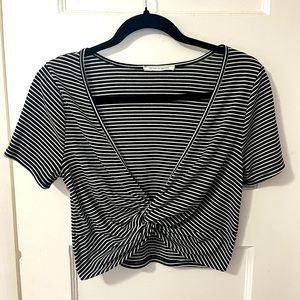 Black and White Striped Cropped Tee with Knot Tie Front